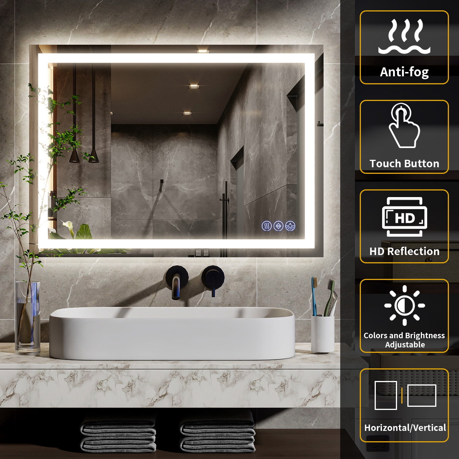 Easy4Home 48"x32" LED Bathroom Mirror Wall Mounted Anti-Fog Vanity Mirror with Adjustable Lights, White