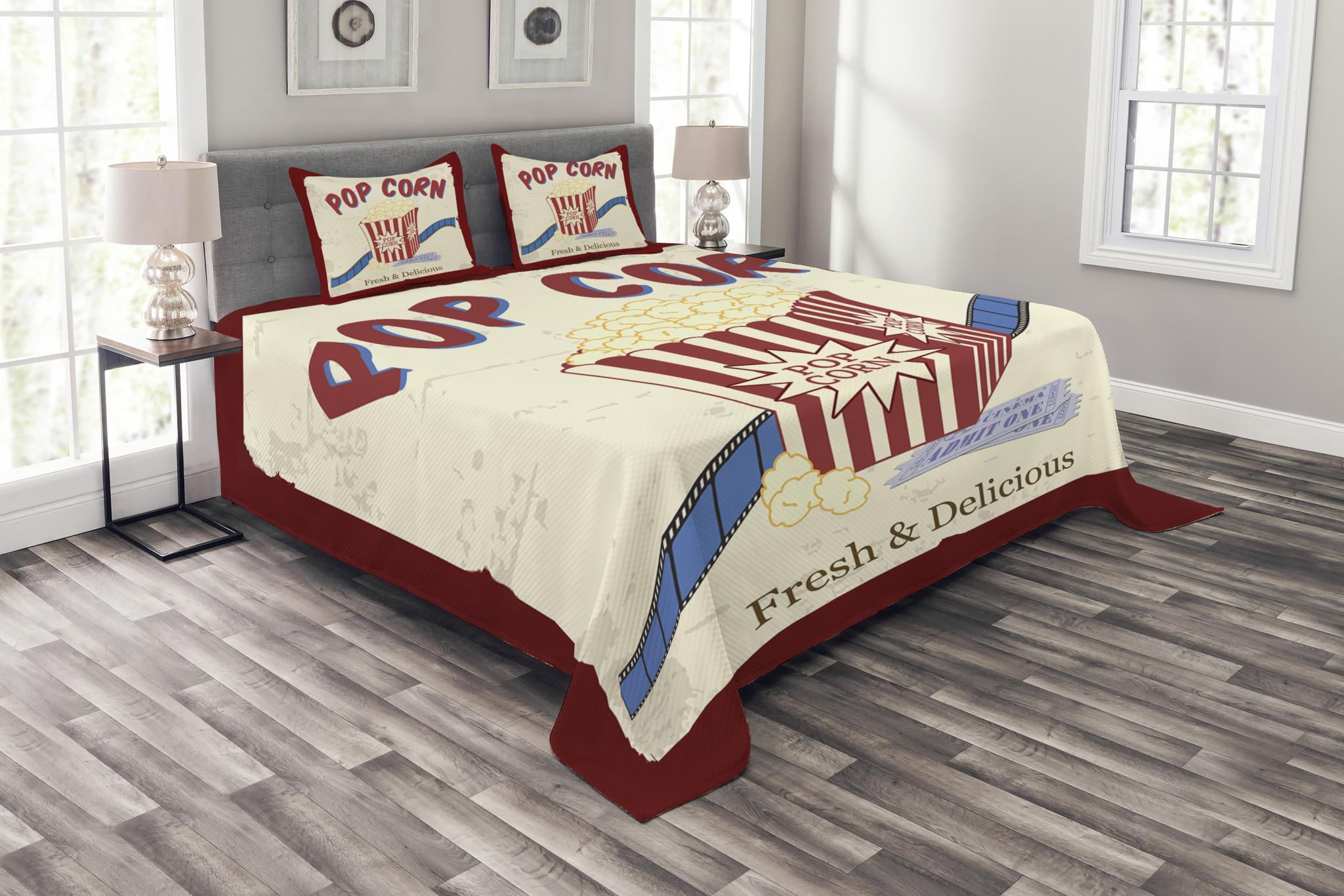 Movie Theater Quilted Bedspread /& Pillow Shams Set Pop Corn Tickets Print