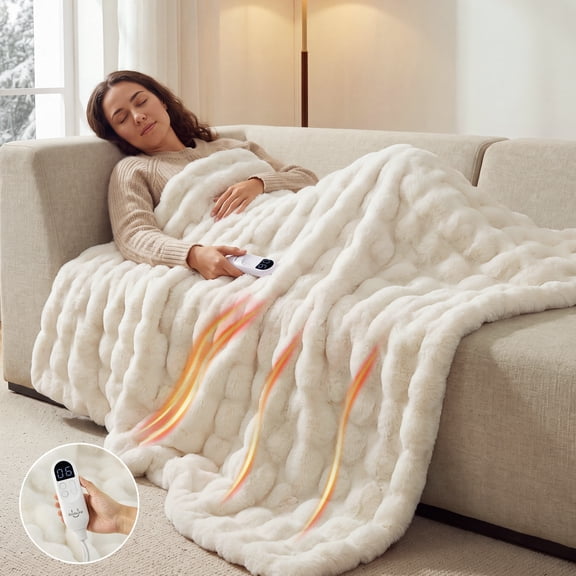U by Bedsure Heated Electric Blanket Throw 50" x 60", Faux Rabbit Fur Bubble Fleece Soft Heated Blanket with Preheat, 6 Heat Settings & 10Hs Auto off, Machine Washable, White