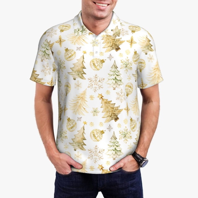 Fotbe Gold Christmas Tree Camiseta Polo de Golf para Hombre con Estampado – Camisa Deportiva Transpirable con Cuello Abotonado-Small