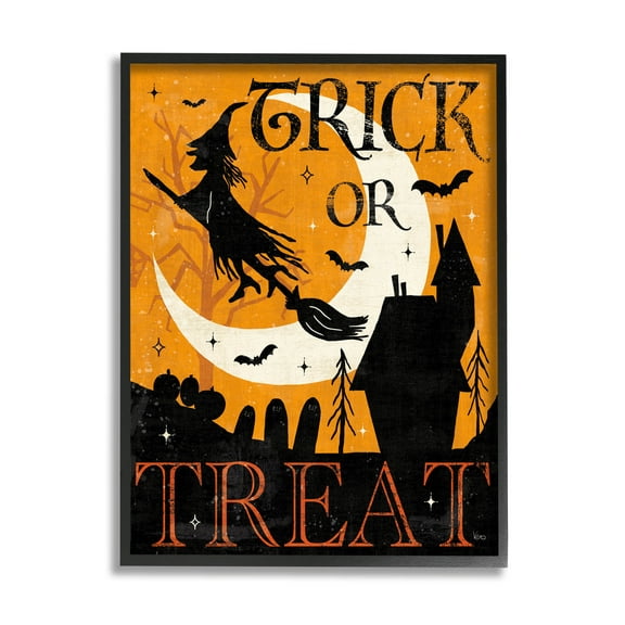 Stupell Industries Trick Or Treat Halloween Witch Graphic Art Black Framed Art Print Wall Art, Design by Veronique Charron
