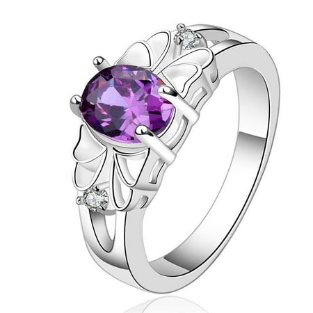 - Fancy Hollow Out Butterfly Purple Oval Crystal Gem Stone Rings Silver Plated Fashion Rhinestone Created Diamond Ring For Women Size 8