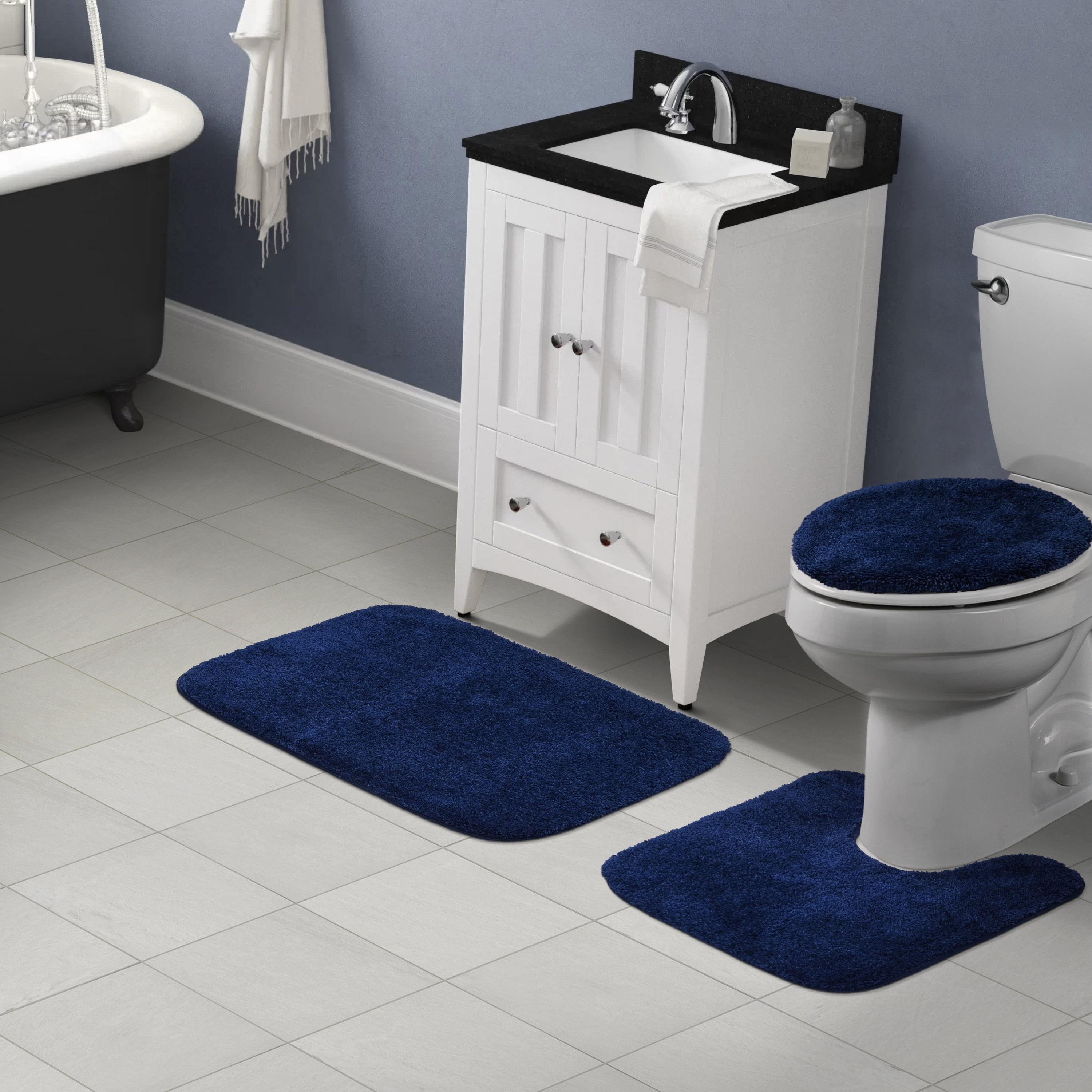 Garland Rug Traditional Washable Bath Rug Set, 3 Piece Set (21"x34" Bath Rug, Contour Rug, & Toilet Lid) Navy