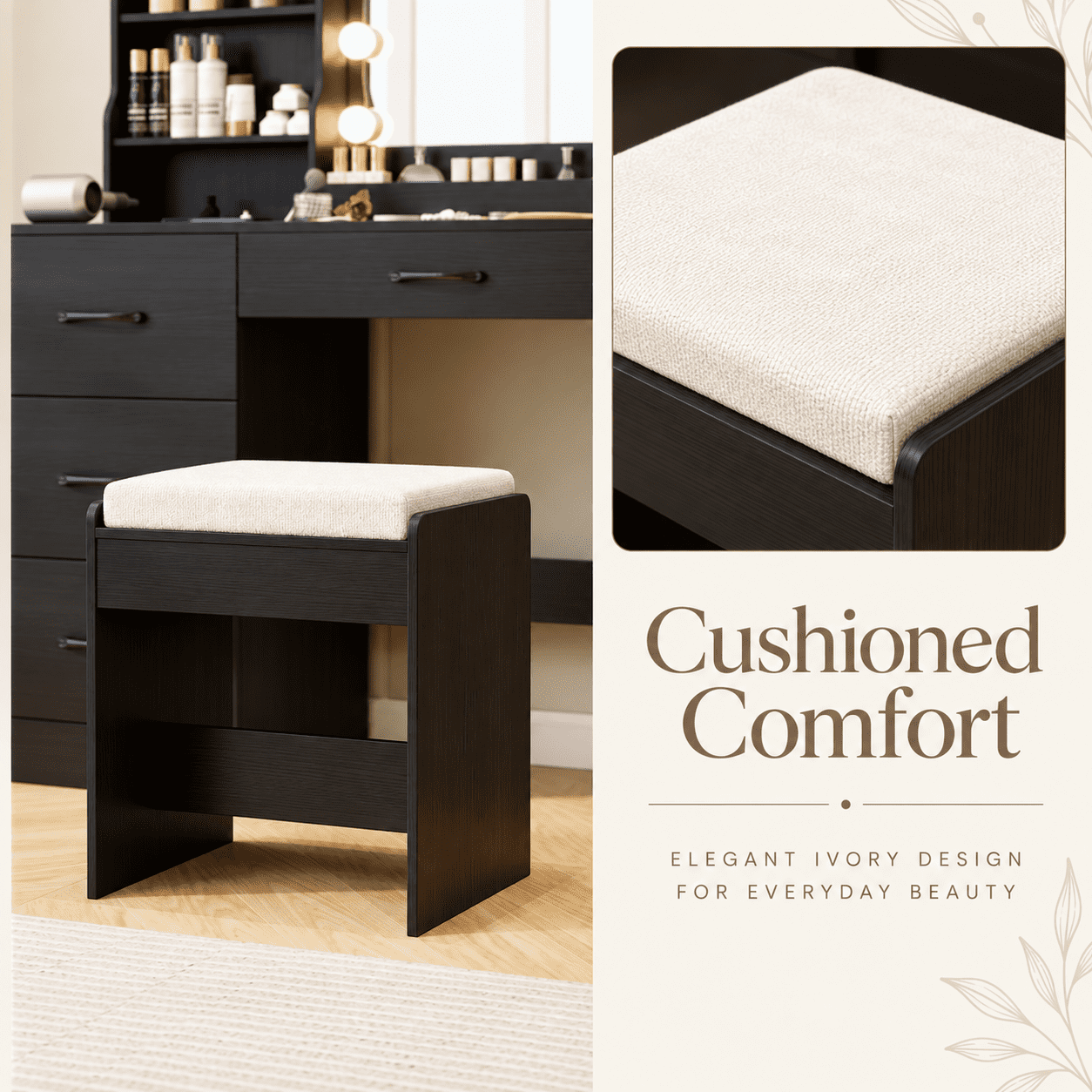 Furnibear Makeup Vanity Desk with Lighted Mirror, Dressing Table and Cushioned Stool Set with Wireless Charging Station and Drawers, Black