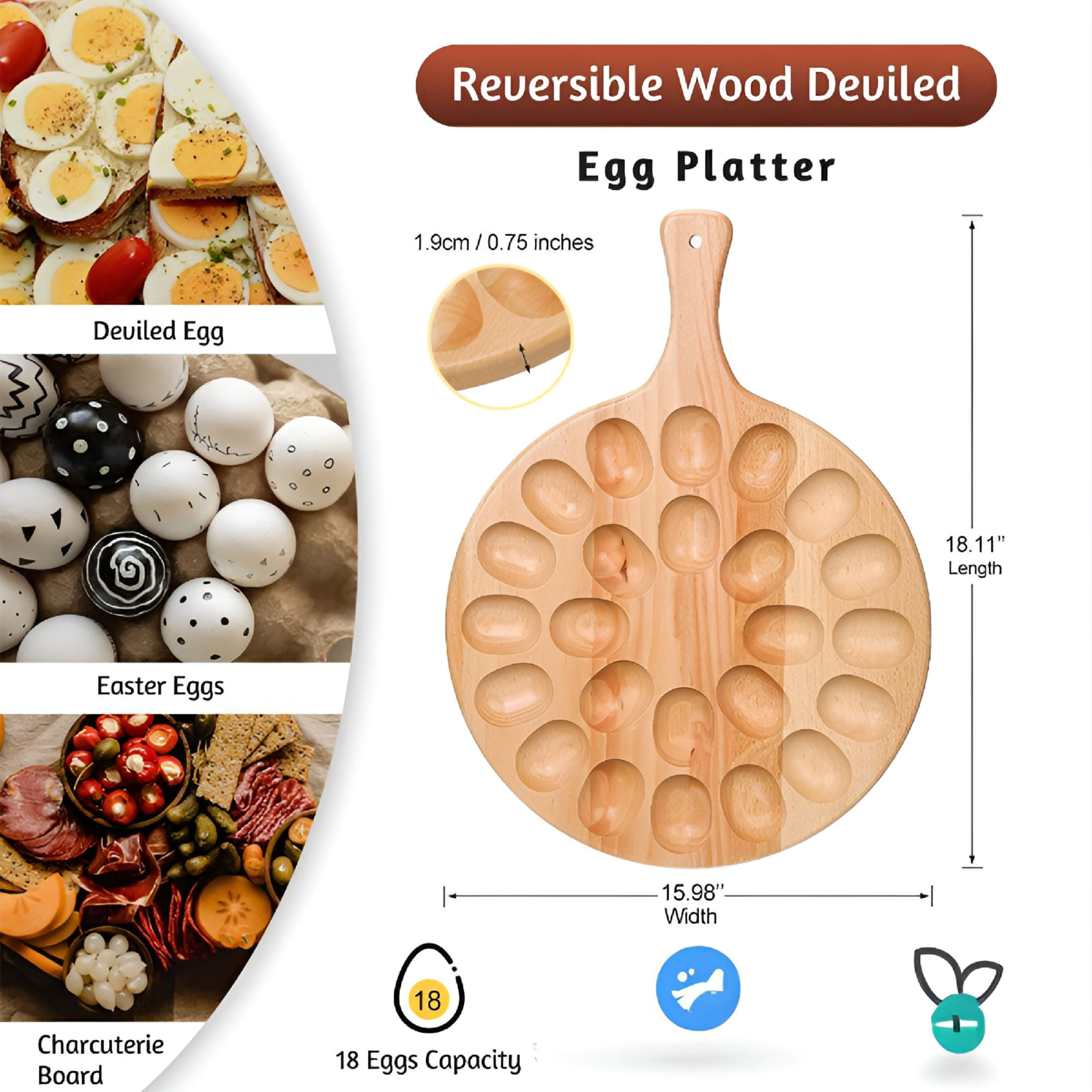 ACDANC Wooden Deviled Egg Platter Multi-holes Deviled Egg Tray Wood Double Side Dessert Plate