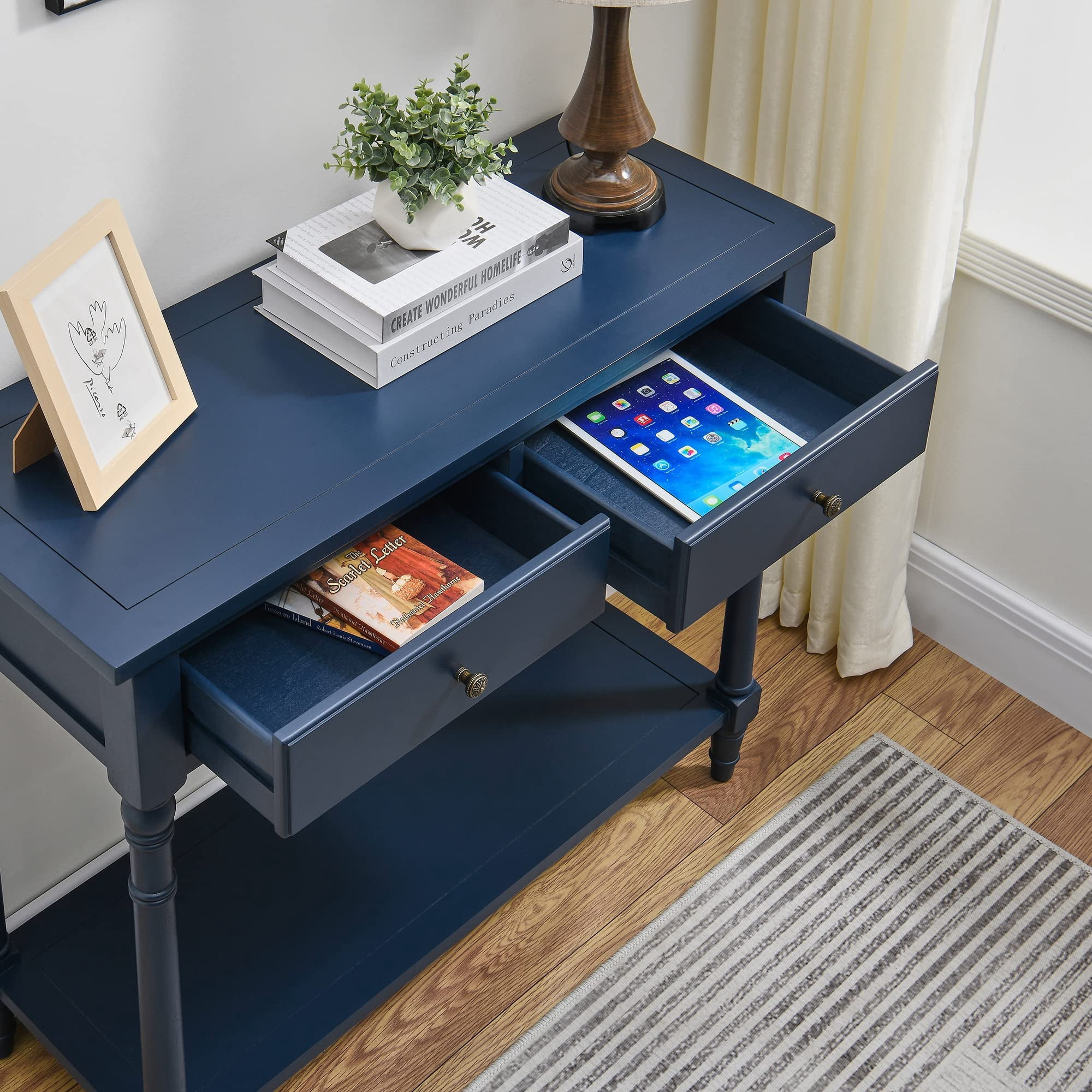 JESONVID Solid Wood Console Table with 2 Drawers, 2-Tier 35.4" X 30" Accent Sofa Table with Multilayer Storage Shelf Rustic Hall Entryway Tables for Living Room Home Office-Blue
