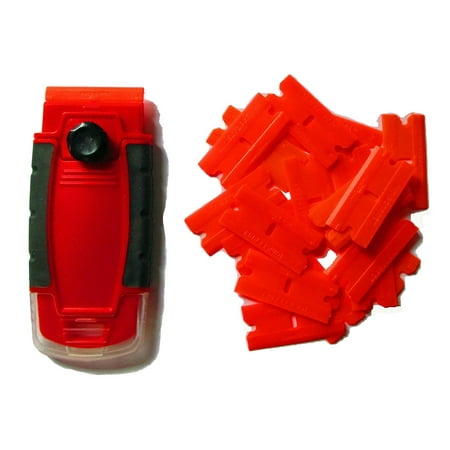 - 100 Plastic Double Edged Razor Blades and Long Handled Red Mini Scraper