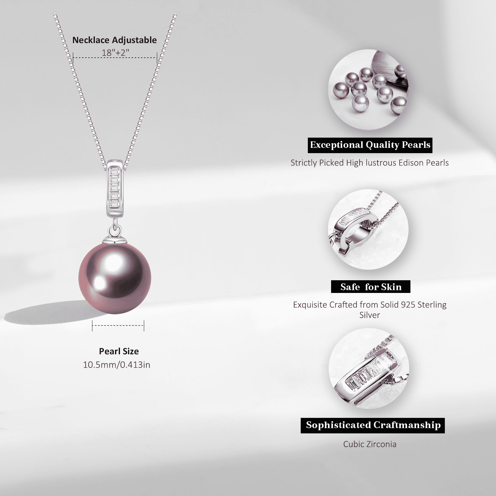 Yami 10-11mm Cultured  Pink Purple Pearl Necklace 925 Sterling Silver 18+2In Jewelry Gift for Women