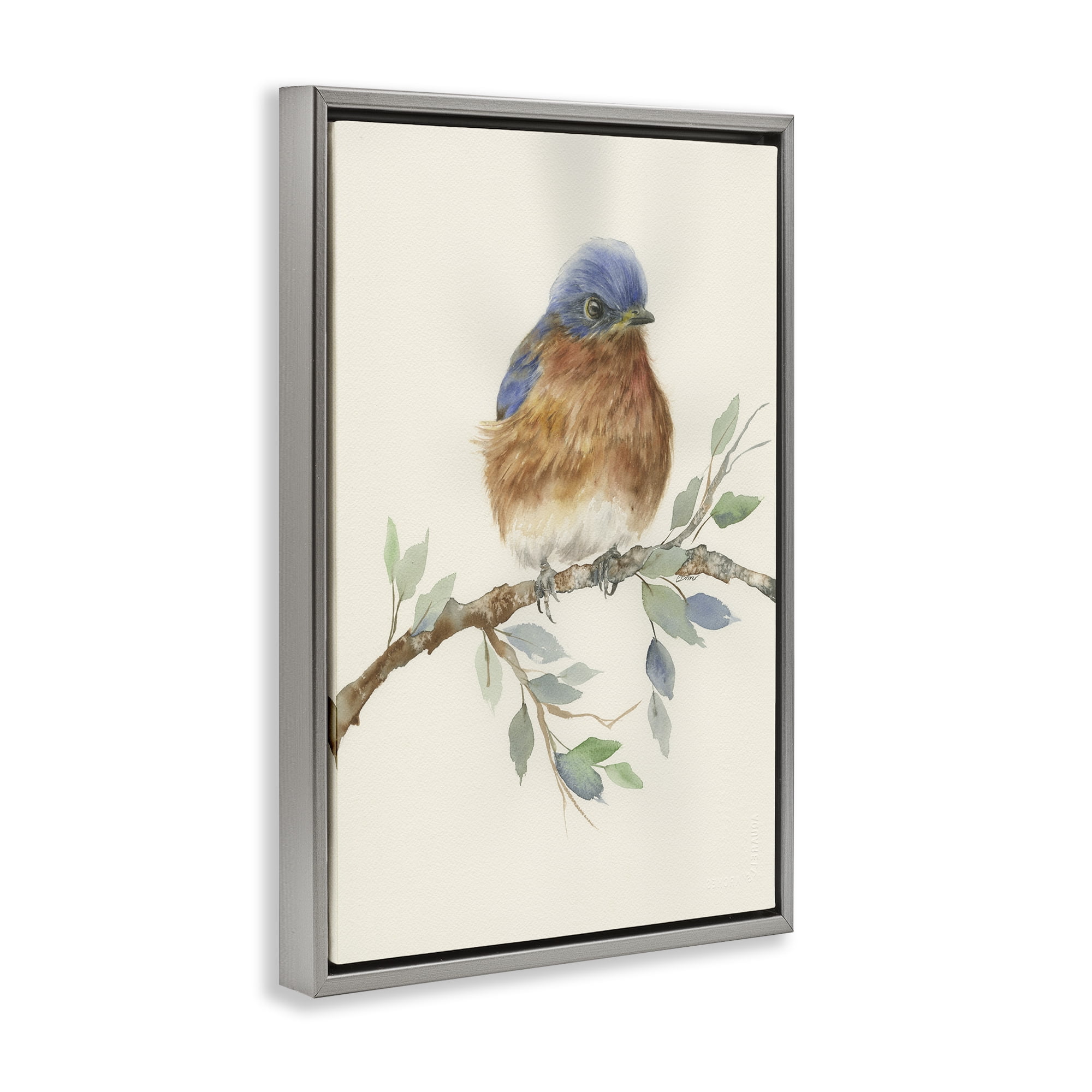 Stupell Industries Songbird Perched on Branch Gray Framed Floater Canvas Wall Art, design by Cady Driver