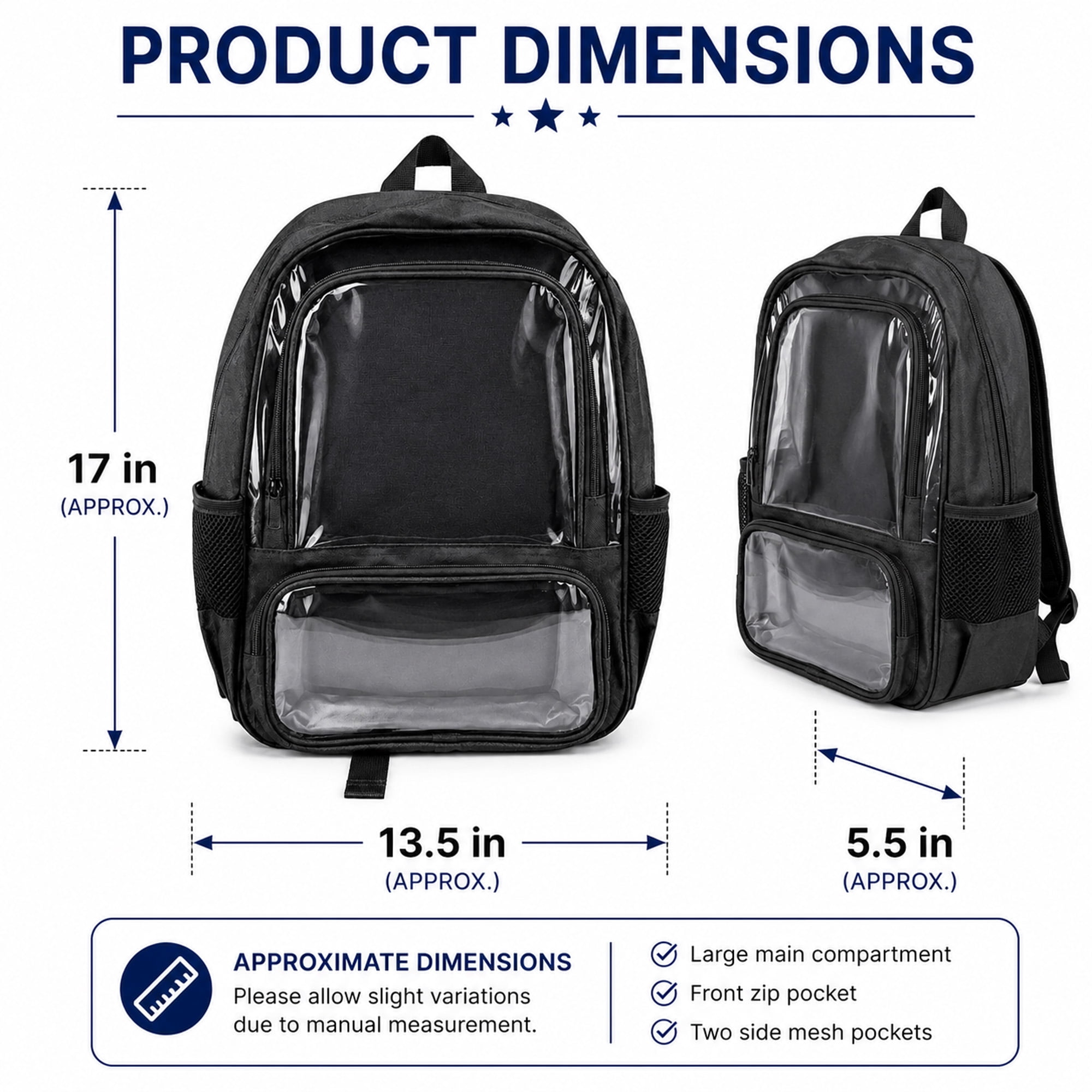 Large Clear Backpack with Dual Front Pockets, Padded Adjustable Straps and Side Mesh Pockets for School, Work & Travel