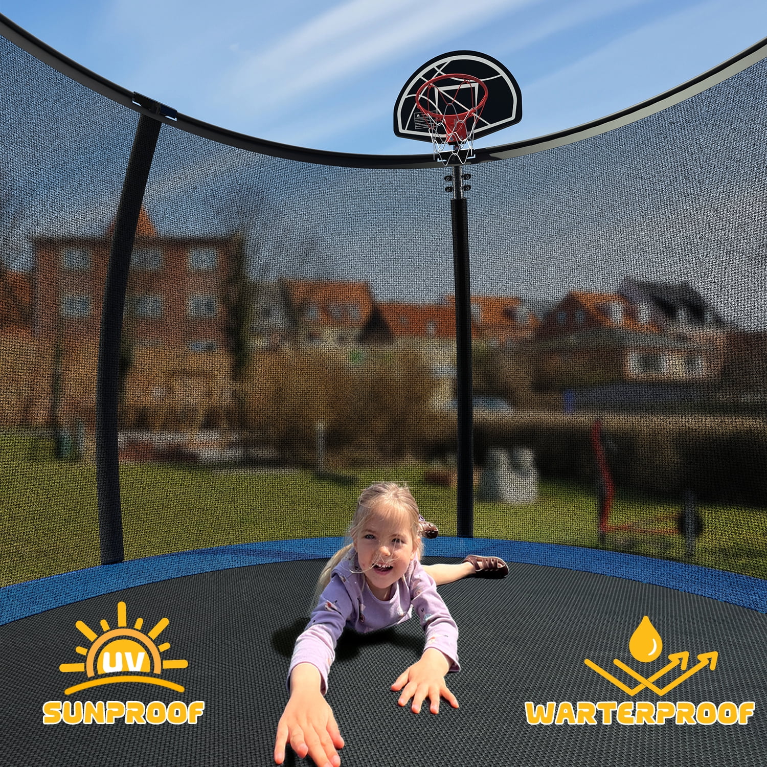 Mersco 10FT Heavy Duty Backyard Trampoline with Enclosure Net, Slide and Basketball Hoop , Ideal Birthday and Holiday Gift,Blue