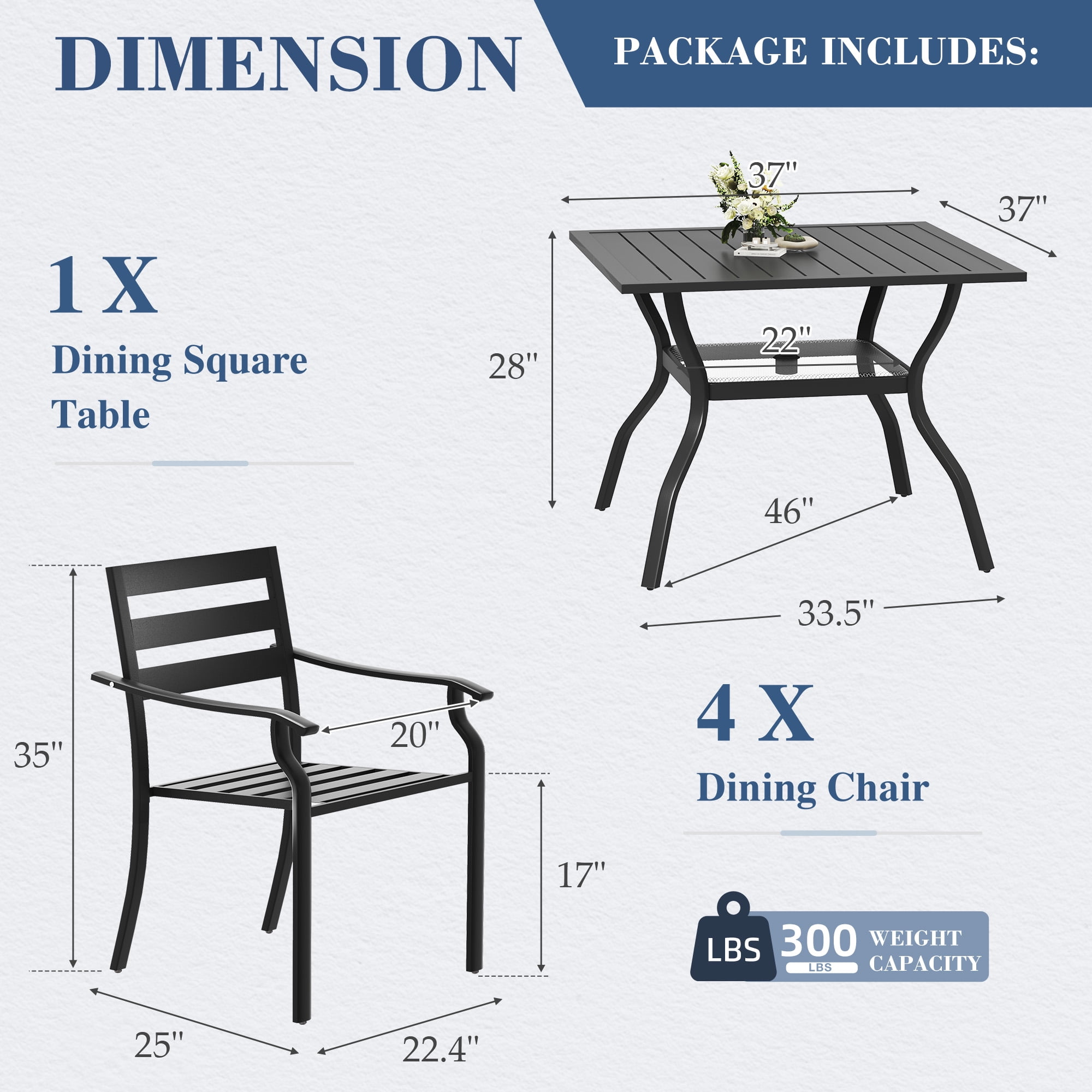 Homrest 5 Piece Steel Foldable Outdoor Conversation Sets with Table with Umbrella Hole and Stackable Chairs