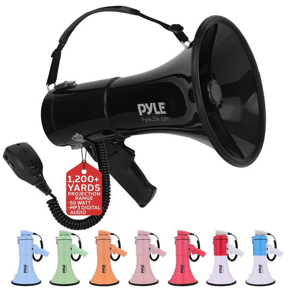 Lightweight and Portable Bullhorn Megaphone, Aux (3.5mm) Input for MP3/Music, Automatic Siren, 50-Watt, MIC/TALK (Black)