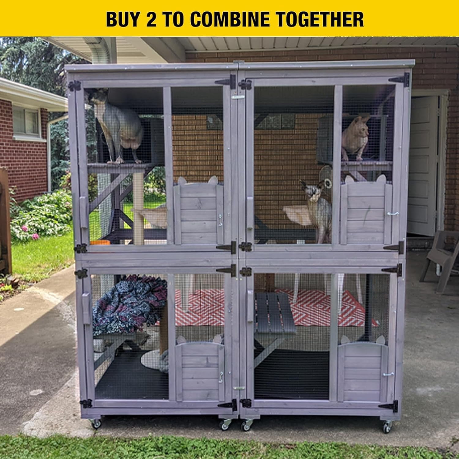Cat House Outdoor Catio Cat Enclosures on Wheels 70.9" Kitty House with Upgraded Resting Box,Waterproof Roof