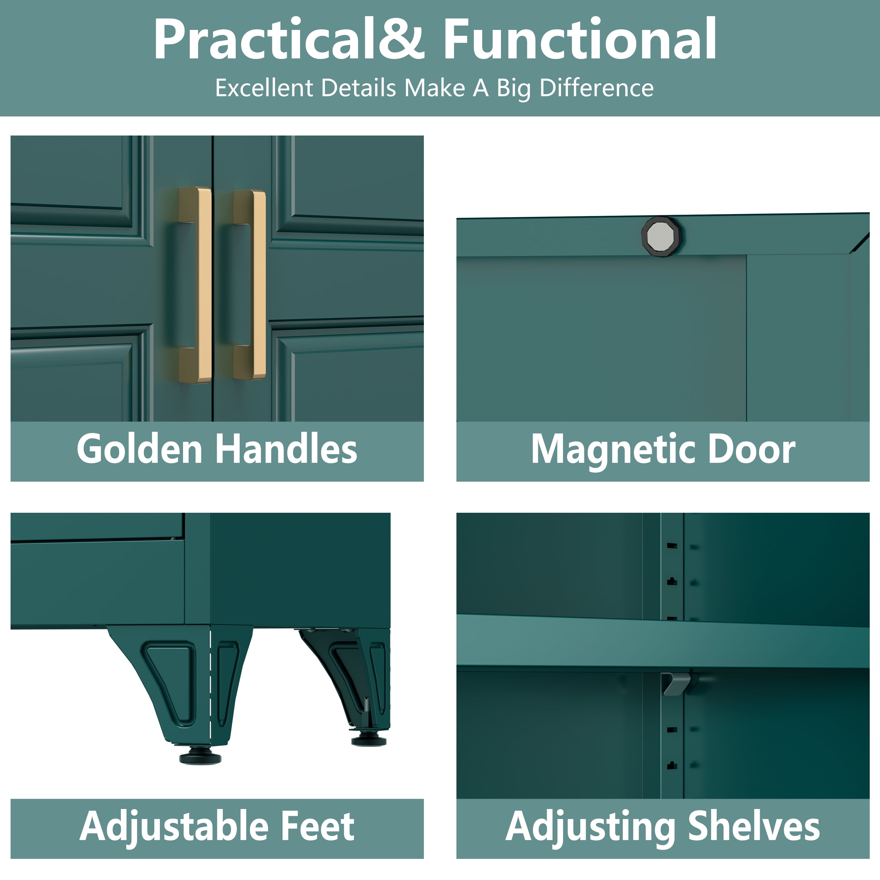 Polup 75" Height Metal Green Storage Cabinet, Modern Tall Steel Pantry Cupboard with 2 Doors and Adjustable Shelves for Kitchen Garage and Home