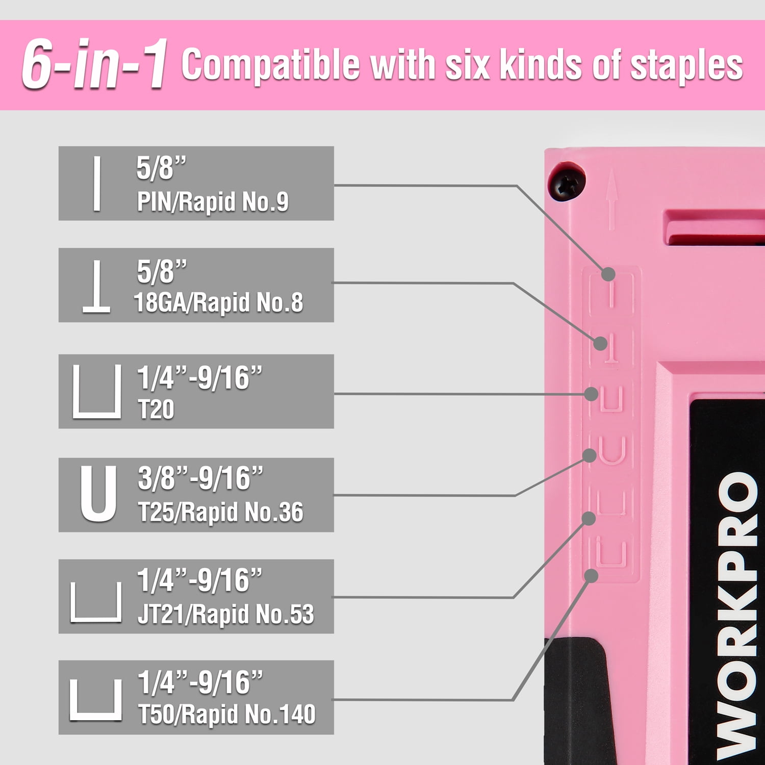 WORKPRO 6-in-1 Manual Staple Gun and Brad Nailer, Includes 4000 Staples, Upholstery and Furniture Repair Tool, Pink Ribbon