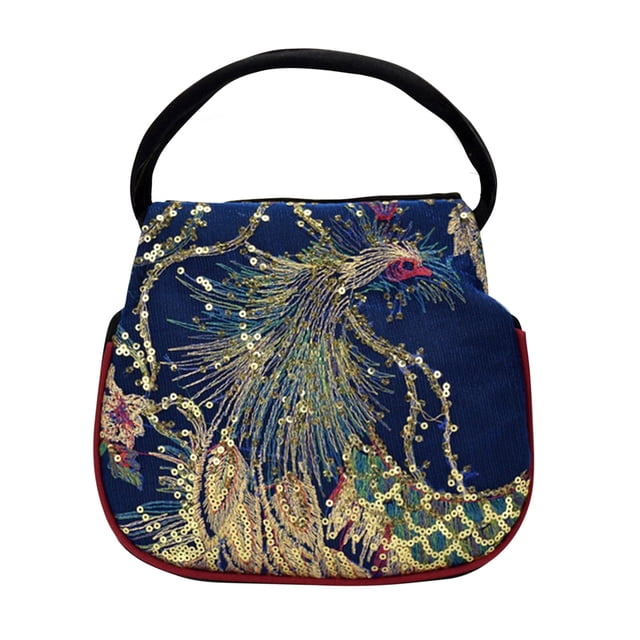LSLJS Tote Bag for Women, New Wind Embroidered Bag Canvas Peacock Embroidery Middle-Aged Shoulder Portable Package