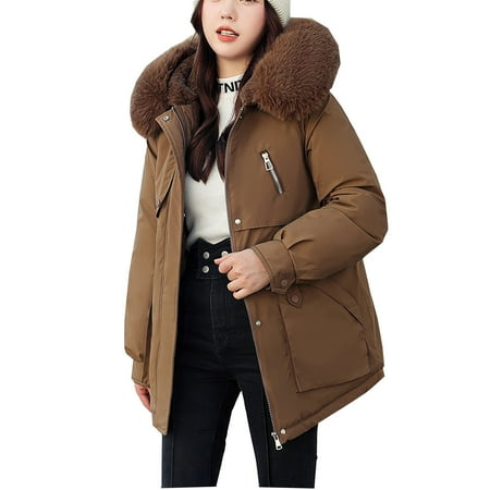 

Women s Elegant Warm Puffer Jacket Long Sleeve Casual Winter Coat Fleeced Faux Fur Zip up Hoodies Parka Trench