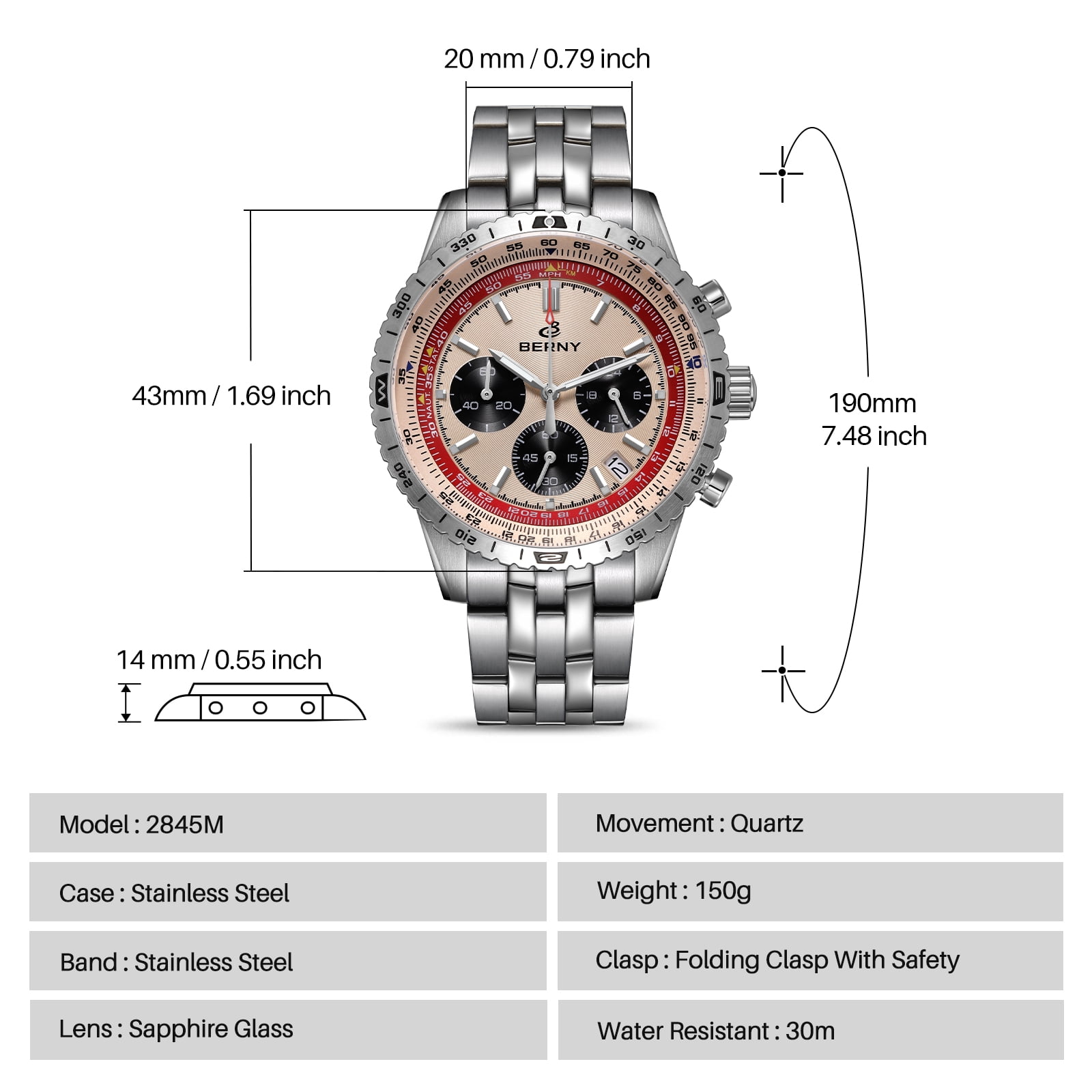BERNY Silver Chronograph Watches for Men, Sport Luxury Analog Quartz Watch with Tachymeter, Stainless Steel, Waterproof, Luminous, Sapphire Crystal, Date Calender, Men's Wristwatch (Beige)