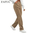 thumbnail image 1 of ZAFUL Women's Vintage High Rise Straight Leg Corduroy Pants Trouser Tan S, 1 of 6