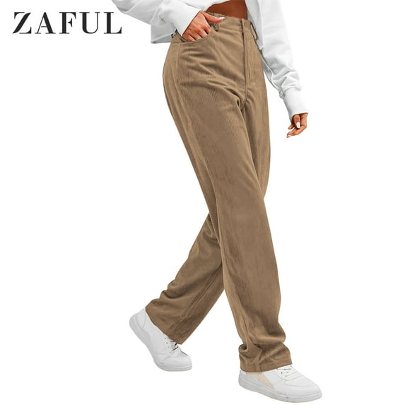 ZAFUL Women's Vintage High Rise Straight Leg Corduroy Pants Trouser Tan S