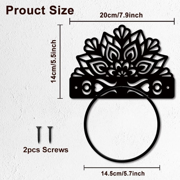 Vintage Floral Towel Ring Mandala Metal Towel Holder Antique Style Towel Hanger Black Art Flower Towel Rack Wall Mounted for Bathroom Accessories Wall Mounted Decoration