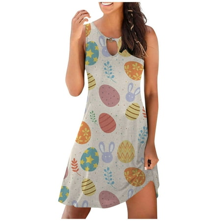 

jsaierl Womens Easter Dress Bunny Egg Graphic Casual Dresses Beach Sleeveless Knee Length Dress A-Line Tank Dresses Happy Easter Gift for Women