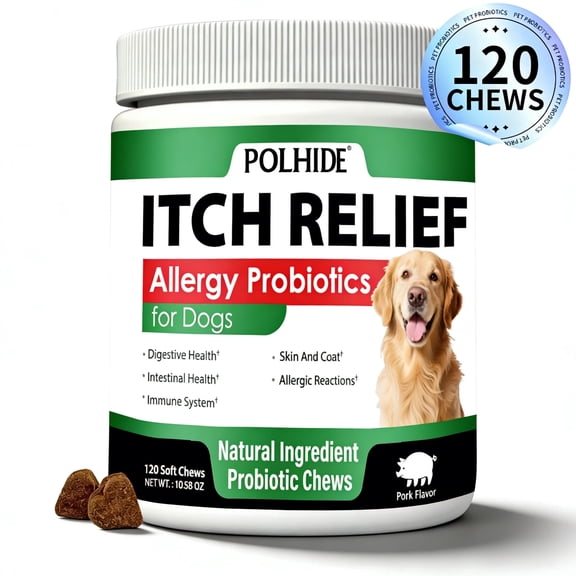 POLHIDE Allergy Probiotic Chews for Dogs, Yeast & Itch Relief, Skin Coat & Gut Health, 3 Billion CFU, Pork Flavor, 120 Count