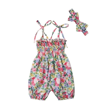 Floral Design Impressions Set - Newborn Baby Girl Floral Strap Romper One Piece Sleveless Bodysuit Jumpsuit Headband Leggings Outfits Set