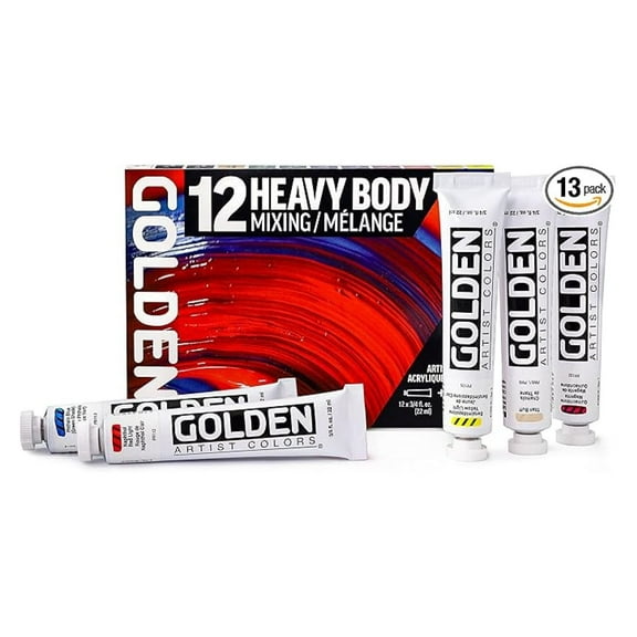 GOLDEN Heavy Body Acrylics Mixing Set, 12 Colors, Professional Grade Paint with Glazing Liquid - Smooth, Thick Consistency for Artists