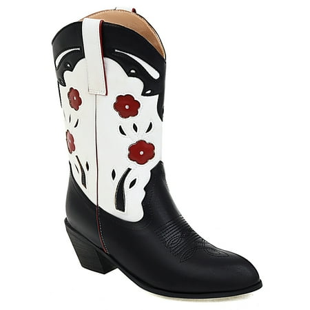 

Woobling Women Casual Western Boots Block Heeled Cowgirl Boot Riding Non-Slip Embroidered Black 6.5