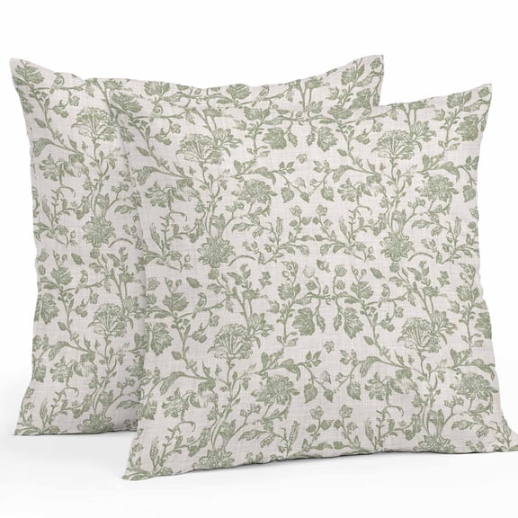 Waterproof Throw Pillow Covers Set of 2, 16x16 Inch Farmhouse Sage Green Decorative Pillowcases Outdoor Pillow Slip Cushion Covers Set for Couch Tent Vintage Flower Leaf Botanical