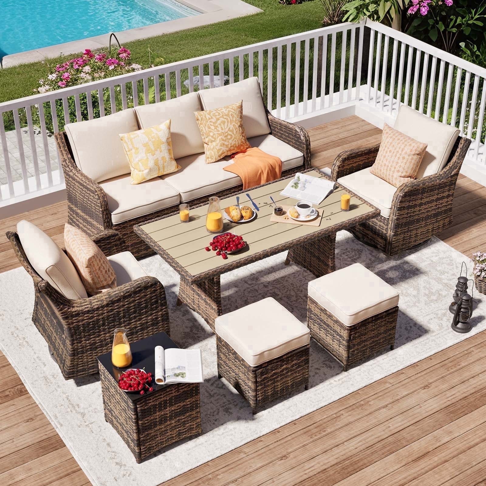 MEISSALIVVE 7 Pieces Patio Furniture Set with Dining Table, Outdoor Wicker Conversation Set with Wicker Armrest Chairs, 2 Ottomans, Beige