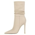 thumbnail image 2 of YDN Women Warm Pull On Stiletto High Heel Slouchy Ankle Boots Pointed Toe Mid Wide Calf Walking Boots Shoes Size 11 Begie, 2 of 5