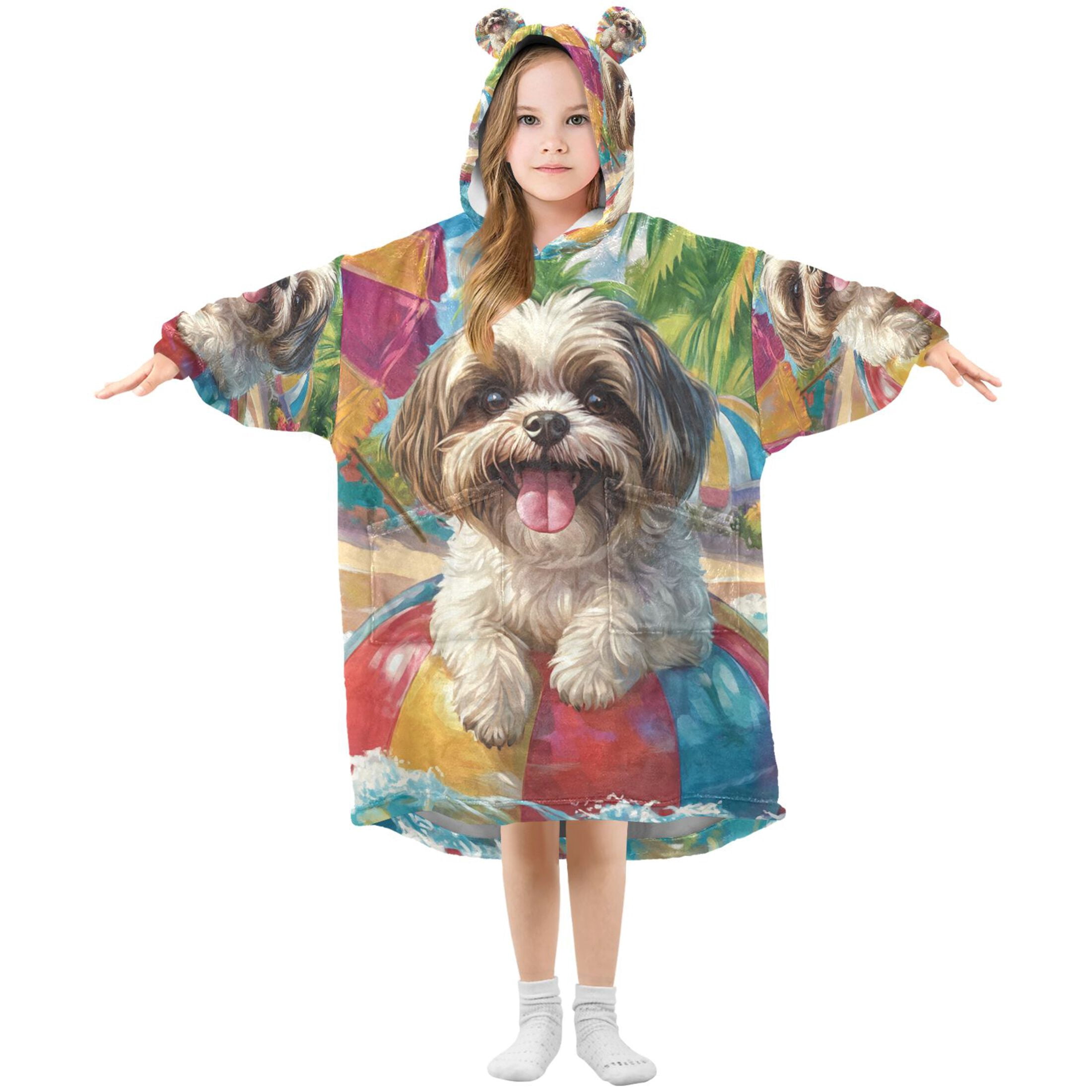 YAZAOO Kids Wearable Blanket Hoodie Warm and Cozy Playful Poolside Pup Flannel Sweatshirt