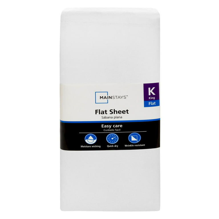 Mainstays 300TC Cotton Rich Percale Easy Care Bed Sheet,Arctic White King  Flat Sheet 