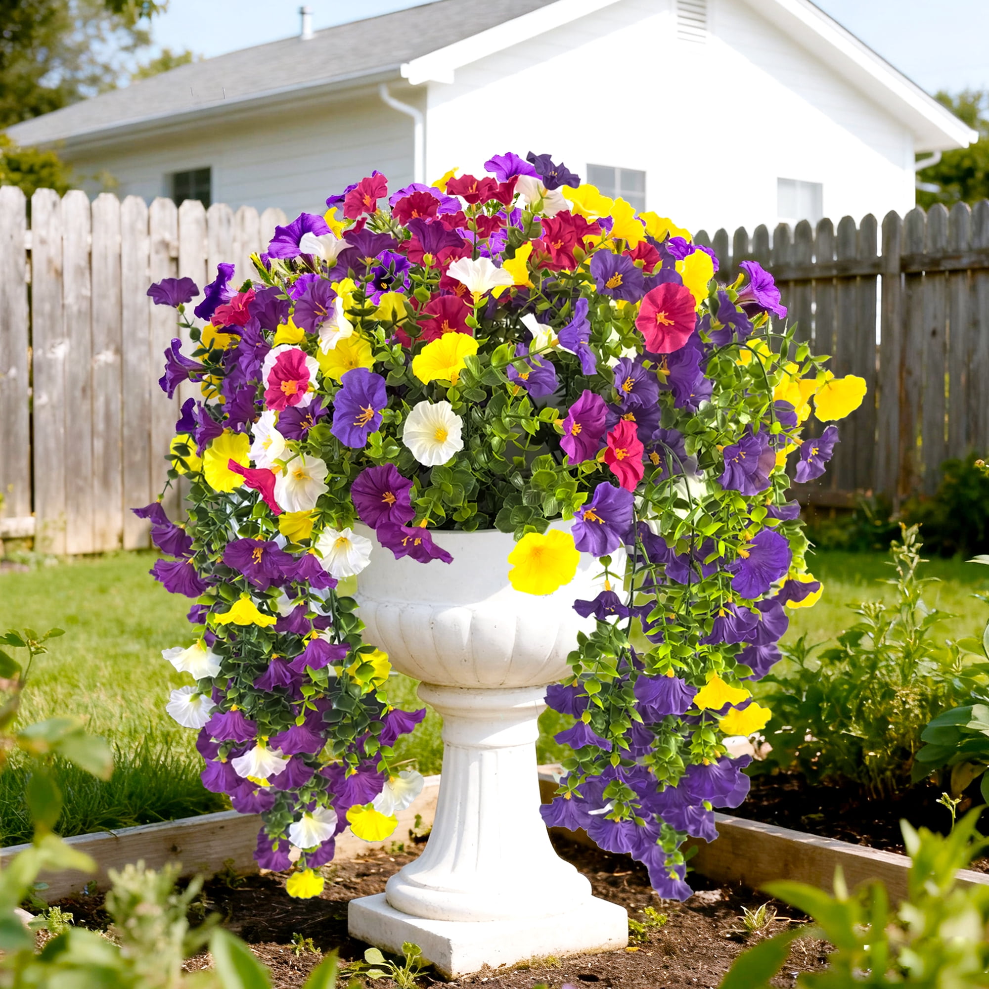 4pc Artificial Hanging Flowers for Outdoors, Artificial Plants Outdoor Faux Plants UV Resistant 5 Colors,Realistic Fake Faux Silk Flowers for Porch Planter Patio Yard