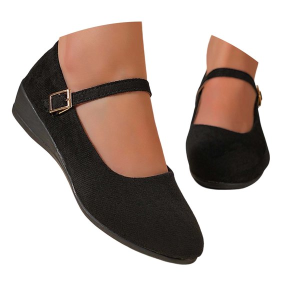 Yuanlong Women's Casual Shoes Suede Buckle Strap Wedge Mary Jane Solid Color Comfortable Stylish Holiday Shoes