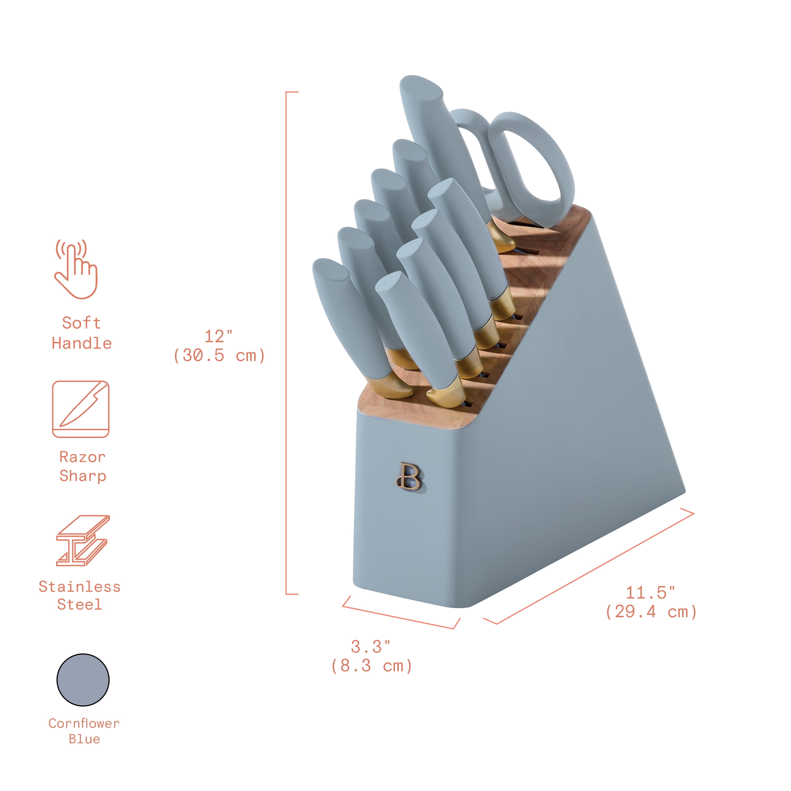 Beautiful 12 Piece Cornflower & Gold Knife Block Set with Soft-Grip Ergonomic Handles by Drew Barrymore