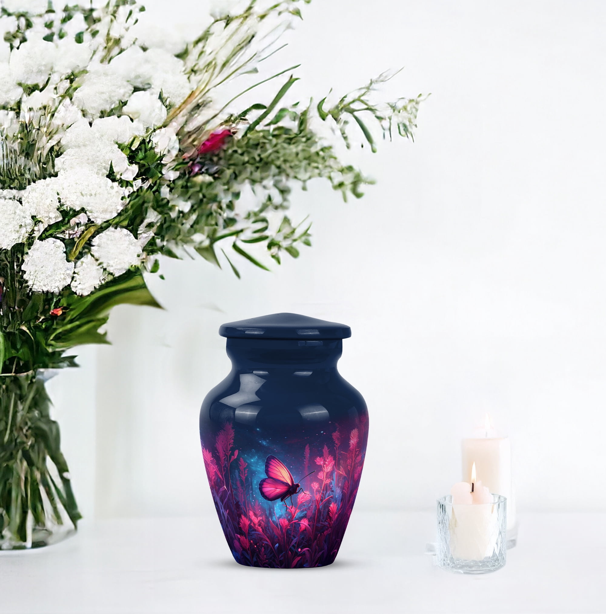 Butterfly Little Cremation Urn For Men & Women Ashes - Keepsake Blue Urns For Human Ashes For Male & Female - Little Urns For Girl And Boy - Pink Flowers Small Urn For Adults, 3 Inch