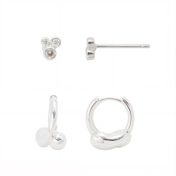Free Assembly Women's Demi Fine Silver Plated Cubic Zirconia and Endless Hoop Earring Set, 2-Pairs