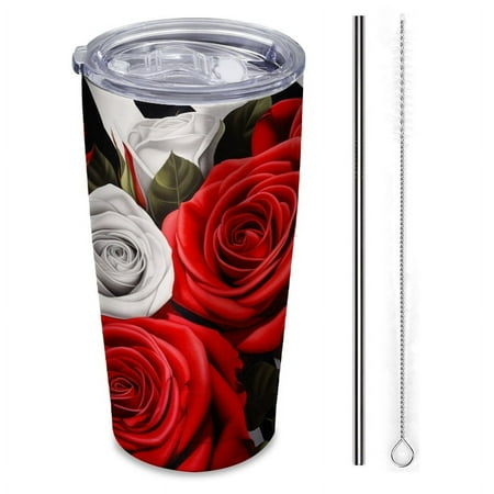 

bouquet of red and white roses on black striped background Insulated 20 oz Stainless Steel Travel Tumbler Reusable Straw & Brush Hot & Cold Drinkware for Car Office Outdoor