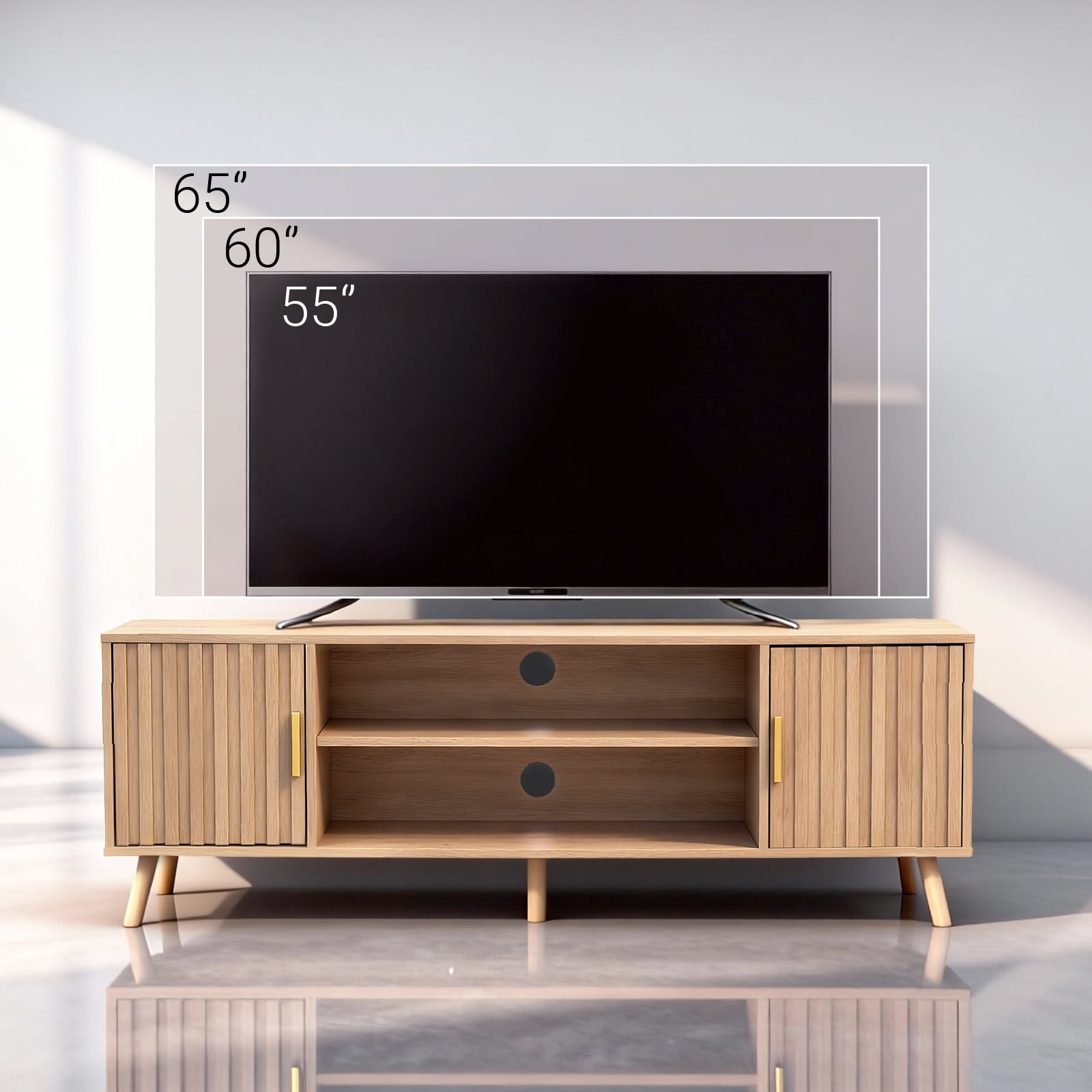 Zimtown Farmhouse TV Stand with 2 Fluted Doors, 58" Mid-Century Television Stand for 60inches TV, Light Oak Wood Television Stand with Storage