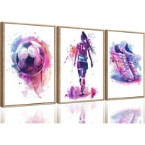 Girl Purple Watercolor Soccer Canvas WallColorful Sneakers Posters Prints Wall Decor Pictures Sports Theme Football Painting for Bedroom Girls Room Teen Kids Playroom Artwork Home