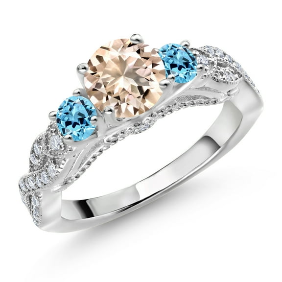 Gem Stone King 925 Sterling Silver Peach Morganite Swiss Blue Topaz and White Moissanite Engagement Ring for Women (1.17 Cttw, Gemstone October Birthstone, Round 6MM and 3MM, Size 5)