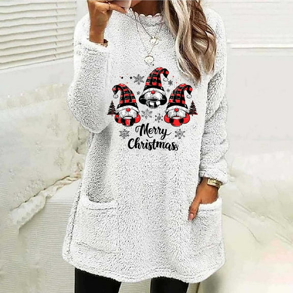 AGWOLF Christmas Plush Sweatshirts for Women Funny Gnomes Print Xmas Tops Warm Fleece Long Sleeve Shirts Fuzzy Holiday Festival Sweaters