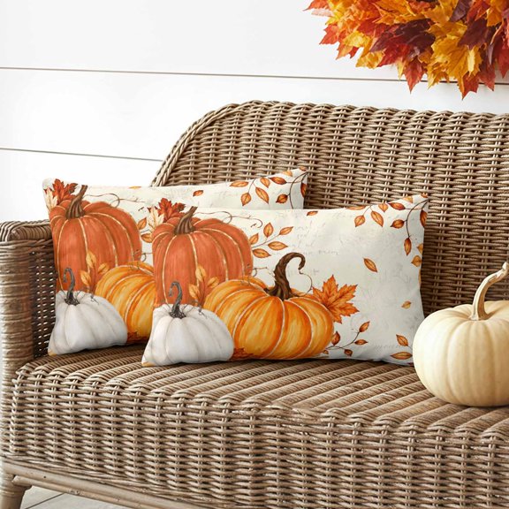 Outdoor Waterproof Throw Pillow Cover Fall Orange White Pumpkins Decorative Pillow Covers 20x12inch Set of 2 Pillows Case, Thanksgiving Maple Leaves Cushion Cases for Sofa Couch Patio Garden