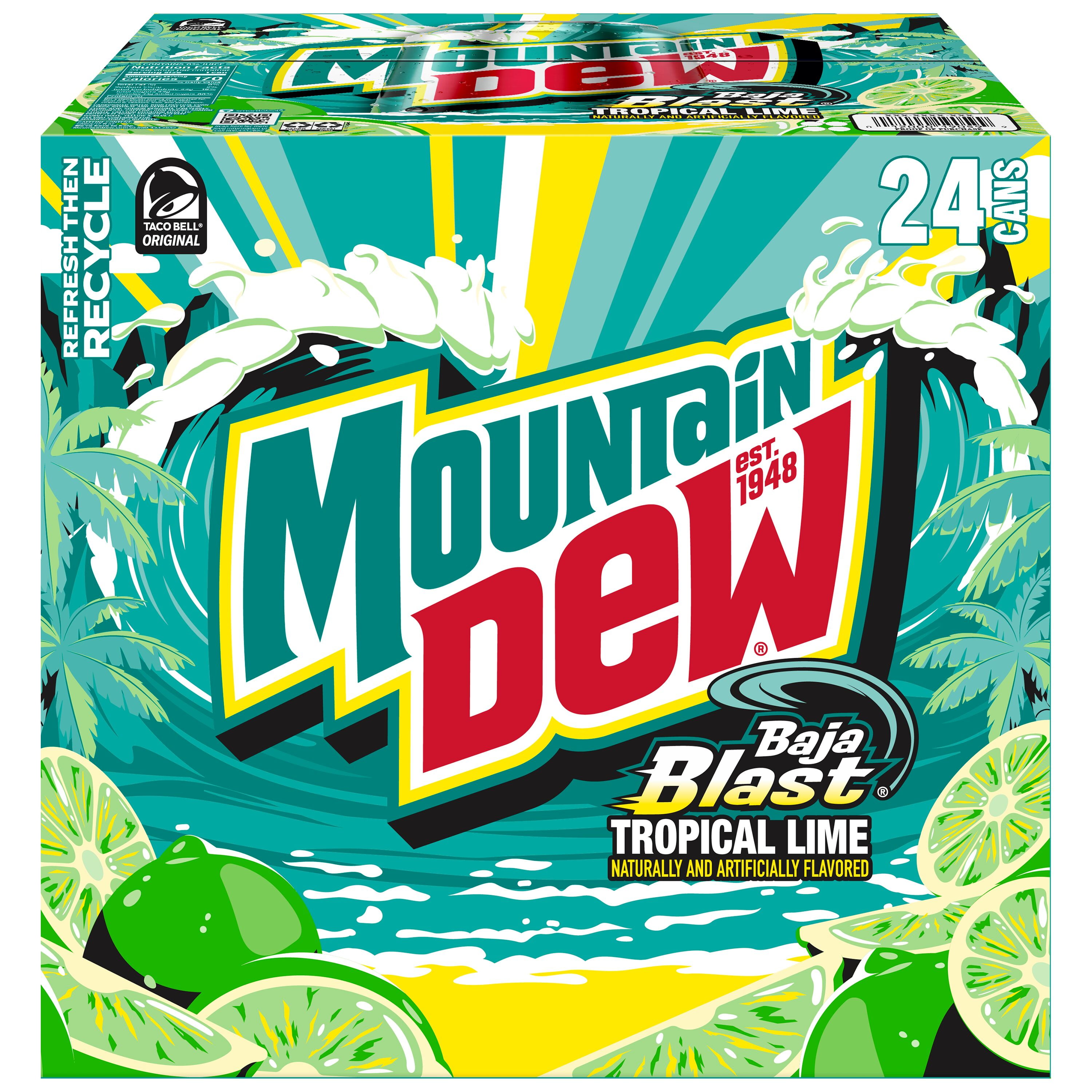 Mountain Dew Baja Blast Tropical Lime Soda Pop, 12 oz 24 pack Cans
