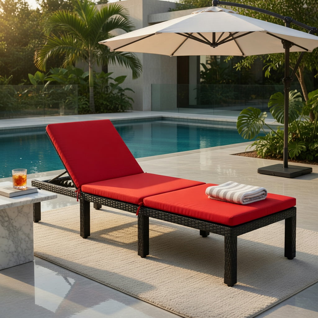 Hommoo Adjustable Height Outdoor Rattan Lounge Chair with Cushion, PE Wicker Patio Chair for Poolside, Garden, Porch, Red & Off-White