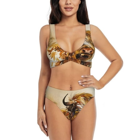 Zeuib Yak High Waisted Tummy Control Bikini Set - Knot Front Push Up Top & Cheeky Thong Bottom  Two-Piece Swimsuit for Women-Large